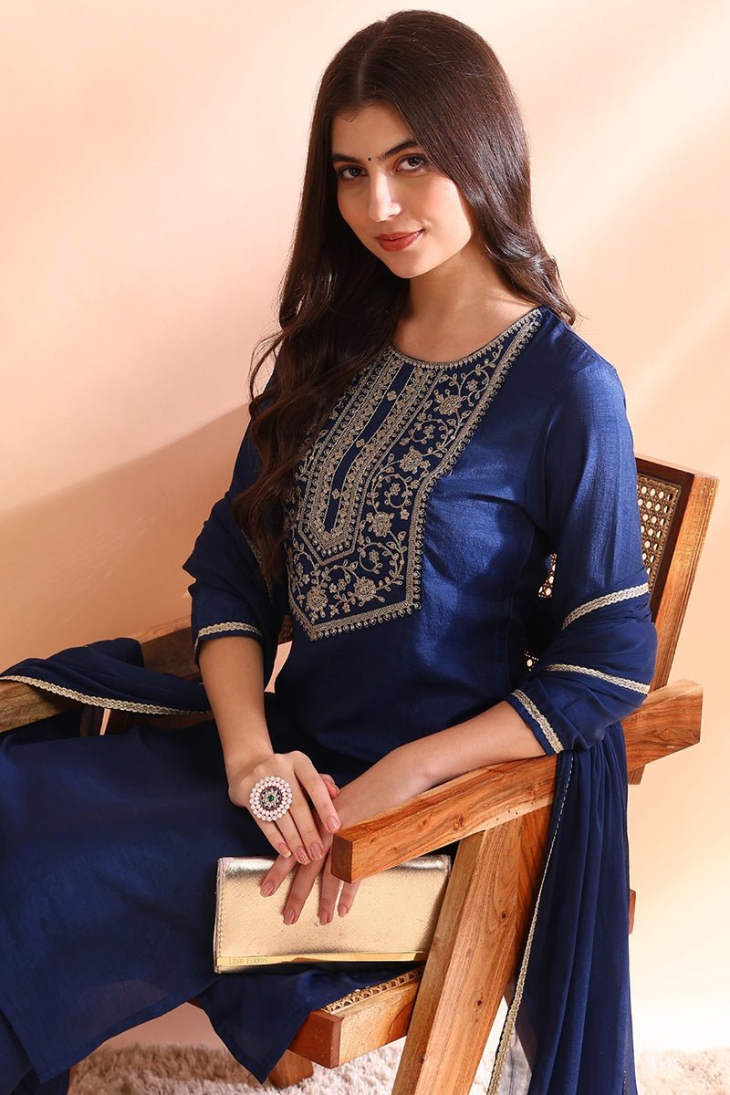 Ahika Blue Silk Blend Straight Yoke Design Kurta Pant With Dupatta