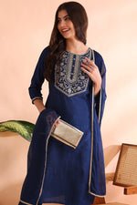 Thumbnail for Ahika Blue Silk Blend Straight Yoke Design Kurta Pant With Dupatta
