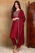 Thumbnail for Ahika Maroon Silk Blend Solid Straight Suit Set