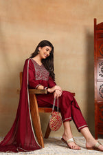 Thumbnail for Ahika Maroon Silk Blend Solid Straight Suit Set