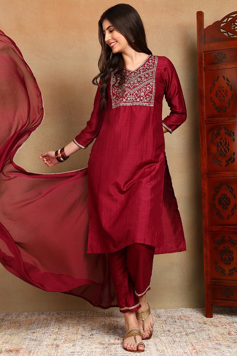 Ahika Maroon Silk Blend Solid Straight Suit Set