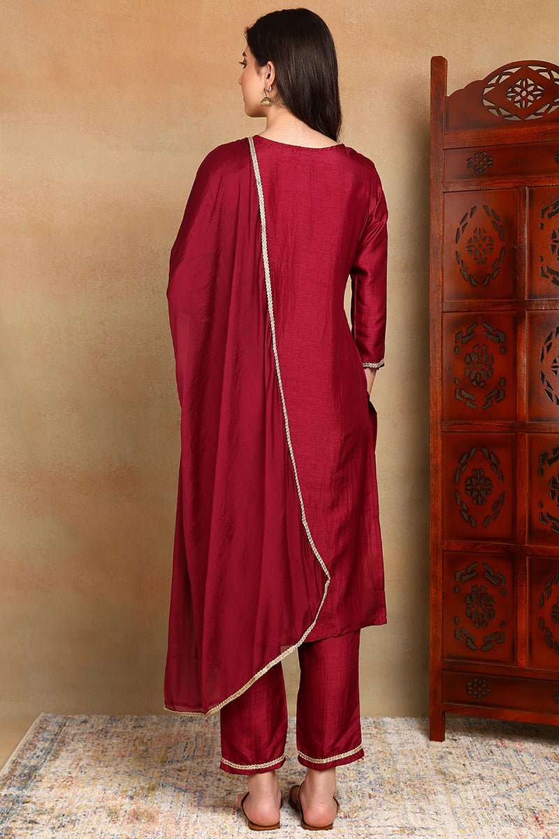 Ahika Maroon Silk Blend Solid Straight Suit Set