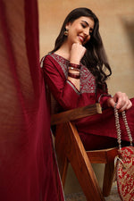 Thumbnail for Ahika Maroon Silk Blend Solid Straight Suit Set