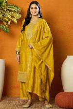 Thumbnail for Ahika Silk Blend Mustard Embroidered Straight Kurta Pant With Dupatta