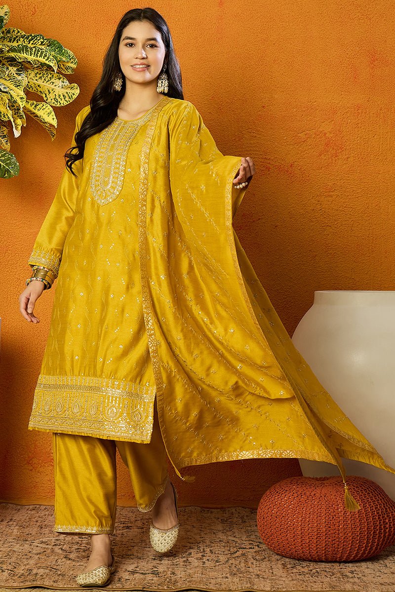 Ahika Silk Blend Mustard Embroidered Straight Kurta Pant With Dupatta