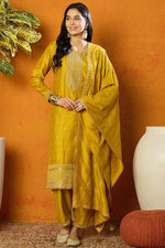 Thumbnail for Ahika Silk Blend Mustard Embroidered Straight Kurta Pant With Dupatta