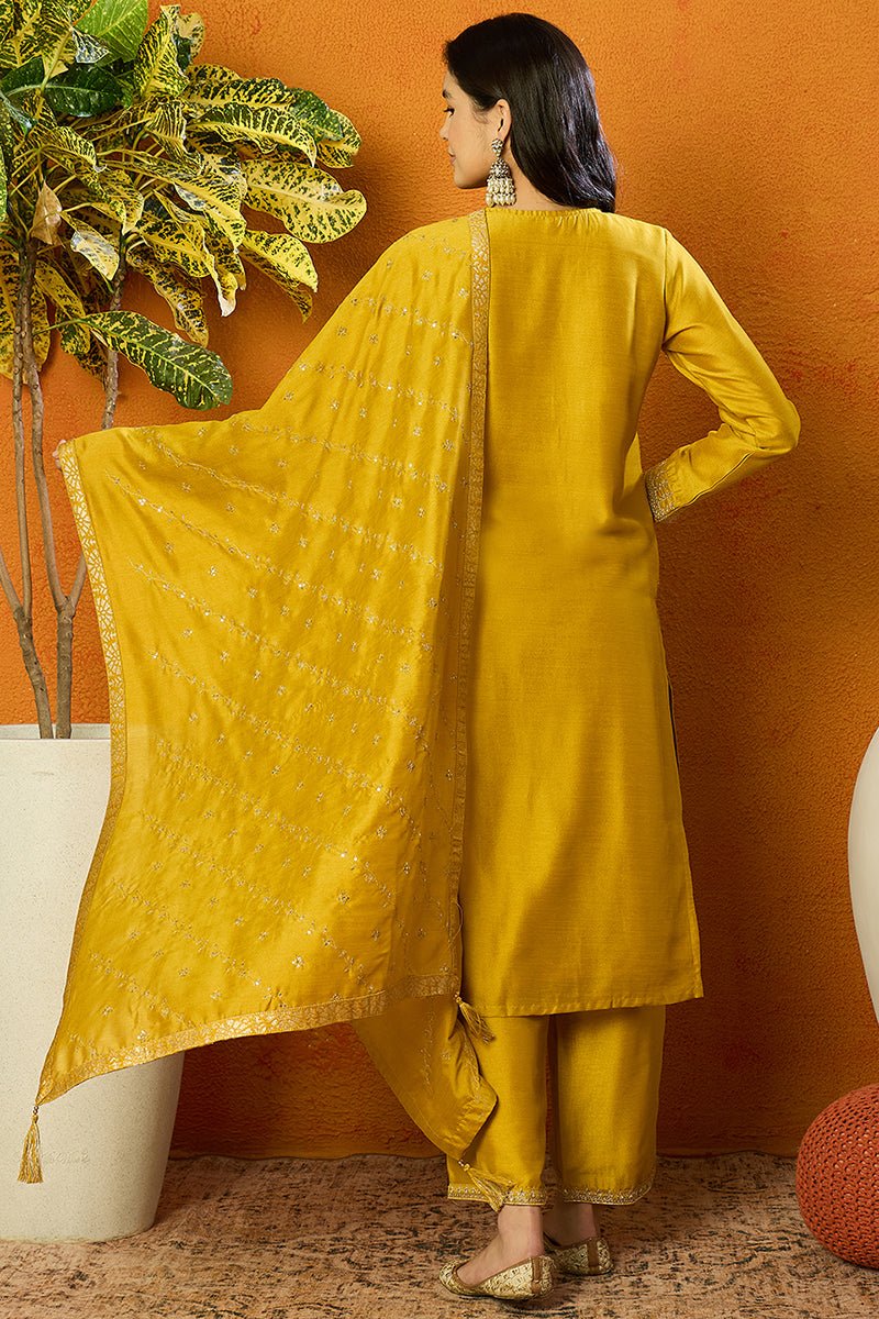 Ahika Silk Blend Mustard Embroidered Straight Kurta Pant With Dupatta