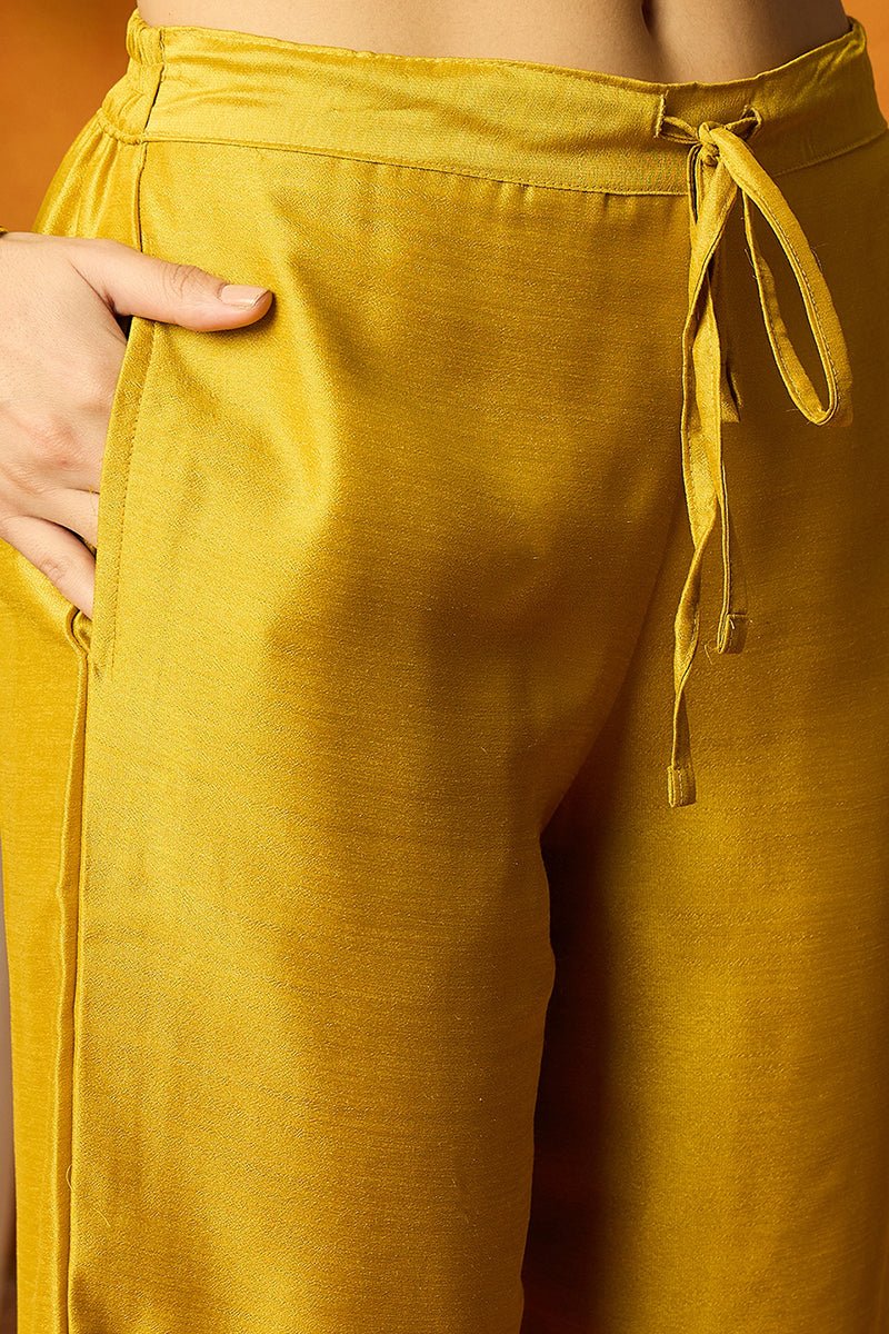 Ahika Silk Blend Mustard Embroidered Straight Kurta Pant With Dupatta