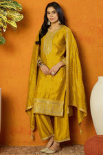 Thumbnail for Ahika Silk Blend Mustard Embroidered Straight Kurta Pant With Dupatta