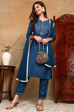 Thumbnail for Ahika Silk Blend Blue Embroidered Straight Kurta Pant With Dupatta