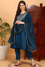 Thumbnail for Ahika Silk Blend Teal Embroidered Straight Kurta Pant With Dupatta