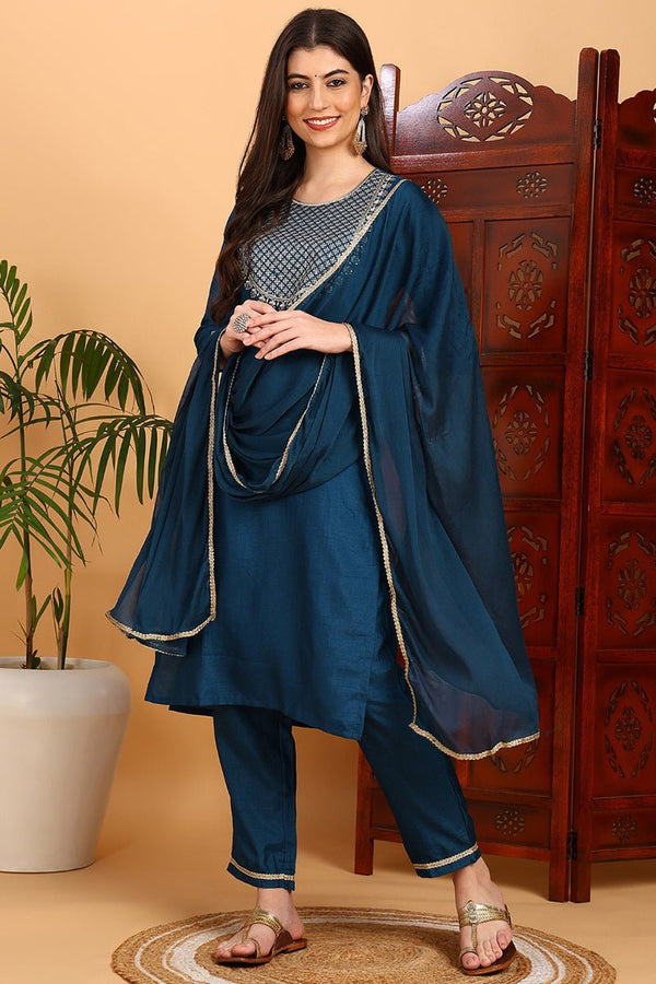 Ahika Silk Blend Teal Embroidered Straight Kurta Pant With Dupatta