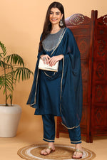 Thumbnail for Ahika Silk Blend Teal Embroidered Straight Kurta Pant With Dupatta
