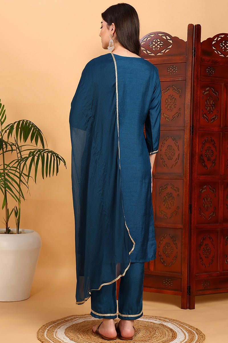 Ahika Silk Blend Teal Embroidered Straight Kurta Pant With Dupatta