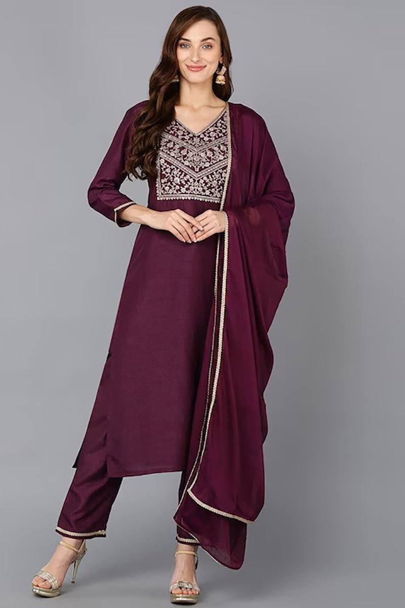Ahika Purple Silk Blend Solid Straight Suit Set - Distacart