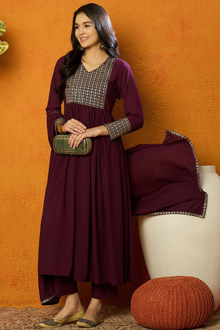 Ahika Burgundy Georgette Yoke Design Kurta Pant With Dupatta - Distacart
