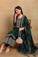 Thumbnail for Ahika Green Silk Blend Straight Kurta Palazzo With Dupatta