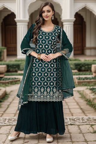 Ahika Green Silk Blend Embroidered Kurta Sharara With Dupatta