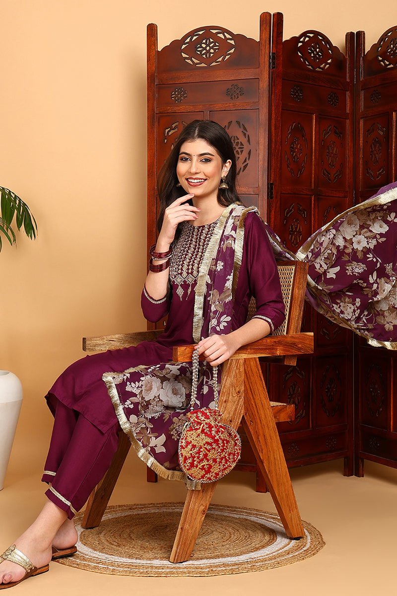 Ahika Purple Silk Blend Yoke Design Kurta Pant With Dupatta