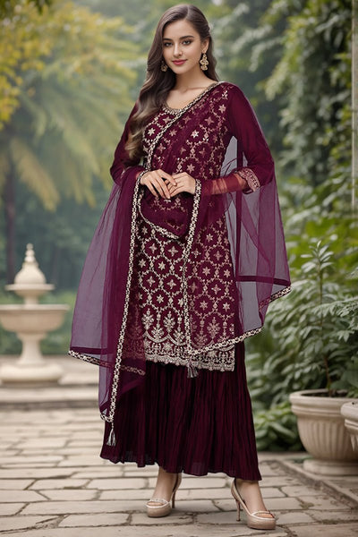 Ahika Silk Blend Purple Embroidered Straight Kurta Sharara With Dupatta
