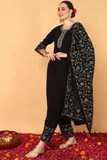 Thumbnail for Ahika Black Poly Georgette Solid Embroidered Straight Suit Set