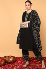 Thumbnail for Ahika Black Poly Georgette Solid Embroidered Straight Suit Set