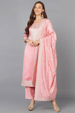 Thumbnail for Ahika Pink Silk Blend Ethnic Motifs Straight Suit Set