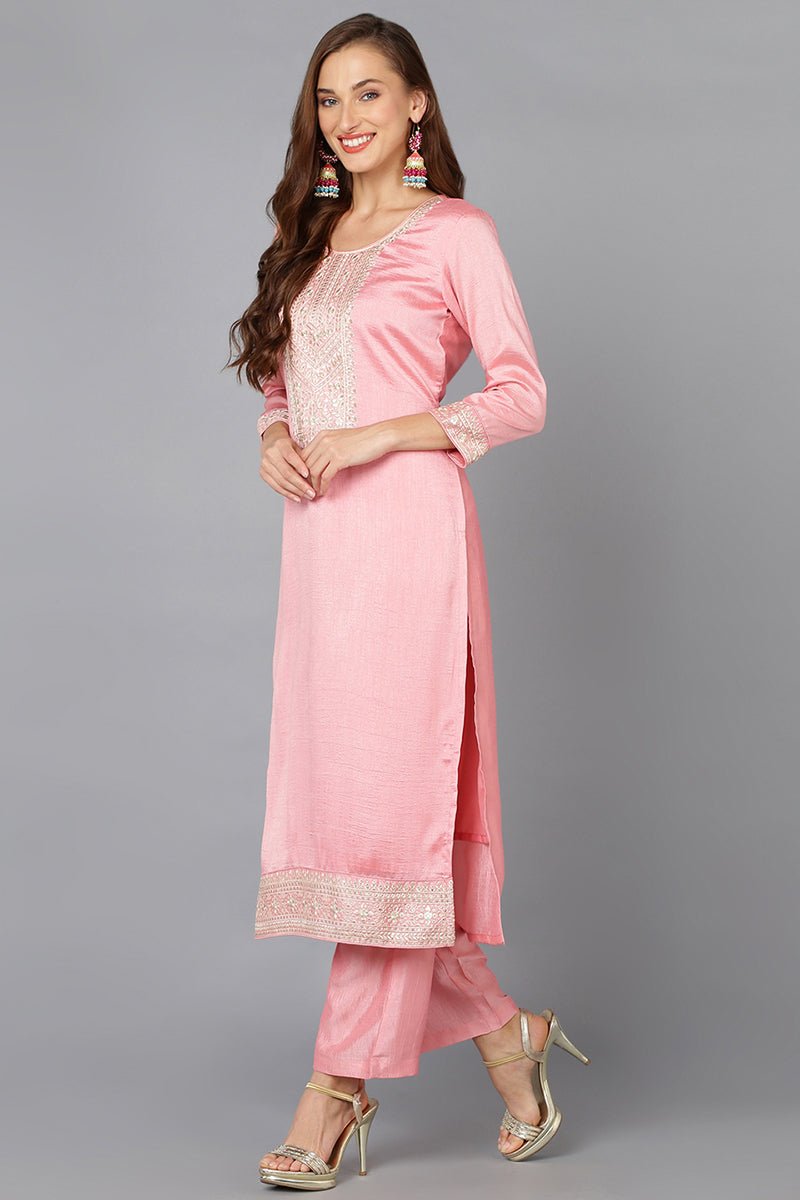 Ahika Pink Silk Blend Ethnic Motifs Straight Suit Set