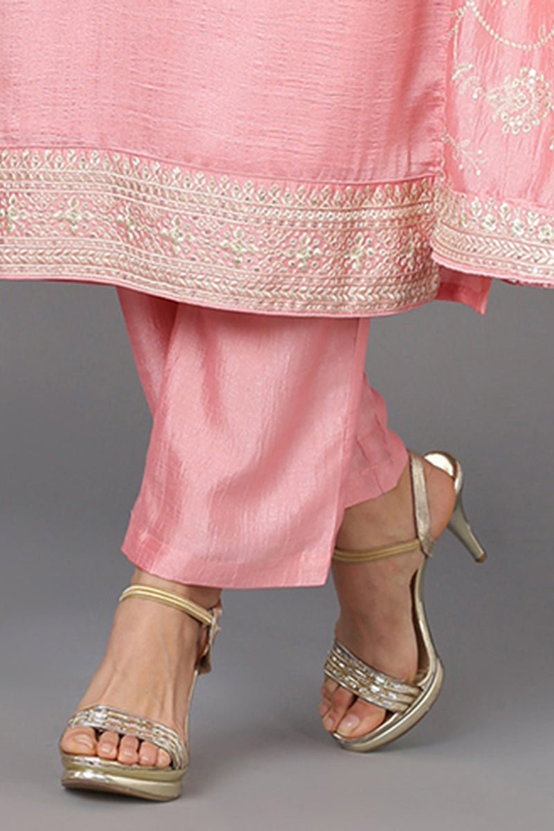 Ahika Pink Silk Blend Ethnic Motifs Straight Suit Set