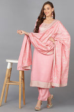 Thumbnail for Ahika Pink Silk Blend Ethnic Motifs Straight Suit Set