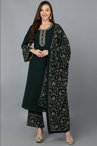 Ahika Green Poly Georgette Straight Kurta Palazzo With Dupatta - Distacart