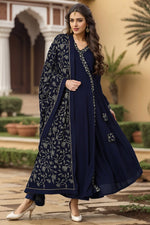 Thumbnail for Ahika Prussian Blue Poly Georgette Angrakha Pant With Dupatta