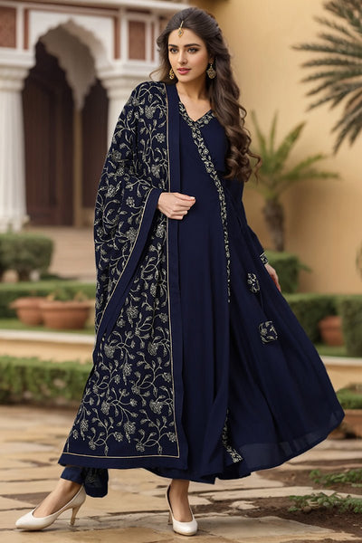 Ahika Prussian Blue Poly Georgette Angrakha Pant With Dupatta