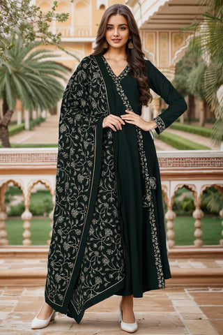 Ahika Dark Green Poly Georgette Angrakha Pant With Dupatta - Distacart