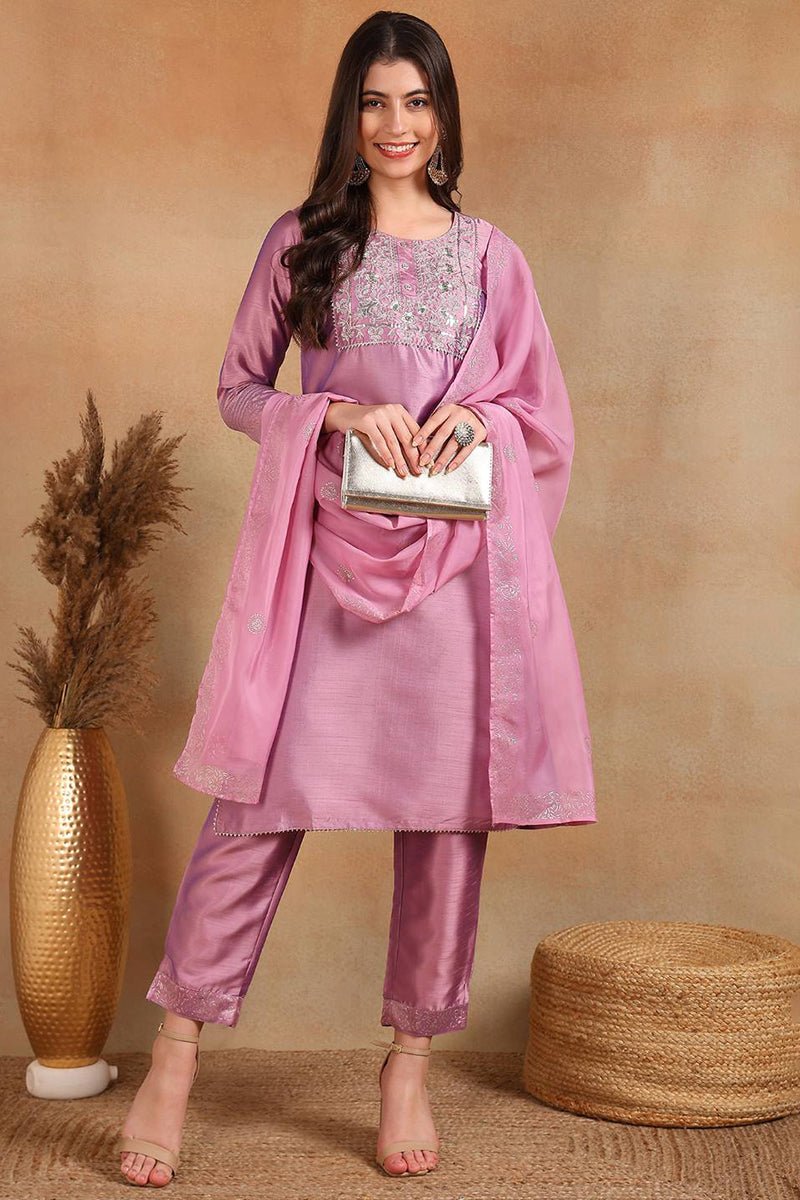 Ahika Lavender Silk Blend Straight Kurta Pant With Dupatta