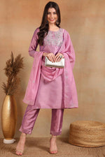 Thumbnail for Ahika Lavender Silk Blend Straight Kurta Pant With Dupatta