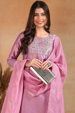 Thumbnail for Ahika Lavender Silk Blend Straight Kurta Pant With Dupatta