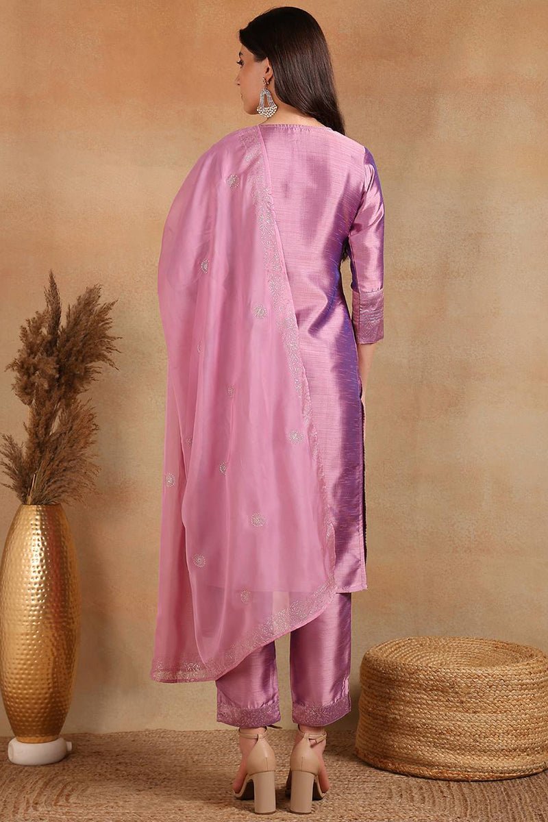 Ahika Lavender Silk Blend Straight Kurta Pant With Dupatta