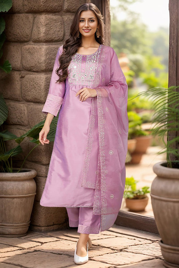 Ahika Lavender Silk Blend Straight Kurta Pant With Dupatta