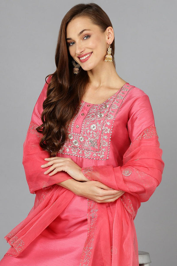 Ahika Pink Silk Blend Straight Kurta Pant With Dupatta