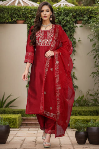 Ahika Maroon Silk Blend Yoke Design Kurta Trouser With Dupatta - Distacart