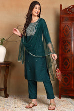 Thumbnail for Ahika Green Silk Blend Rogan Work Straight Suit Set
