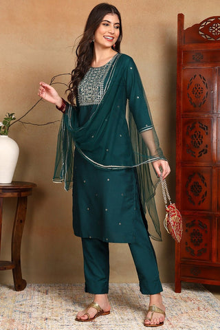 Ahika Green Silk Blend Rogan Work Straight Suit Set