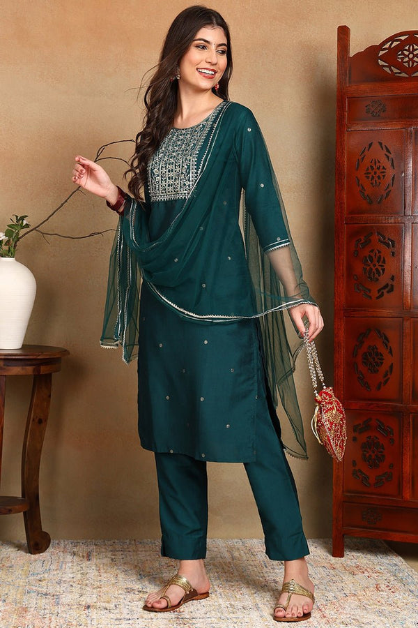 Ahika Green Silk Blend Rogan Work Straight Suit Set