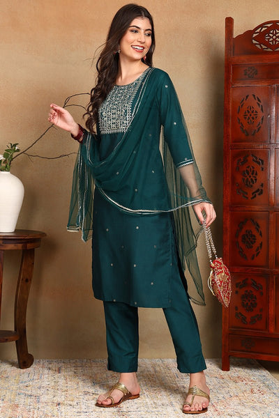 Ahika Green Silk Blend Rogan Work Straight Suit Set