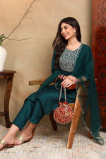 Thumbnail for Ahika Green Silk Blend Rogan Work Straight Suit Set