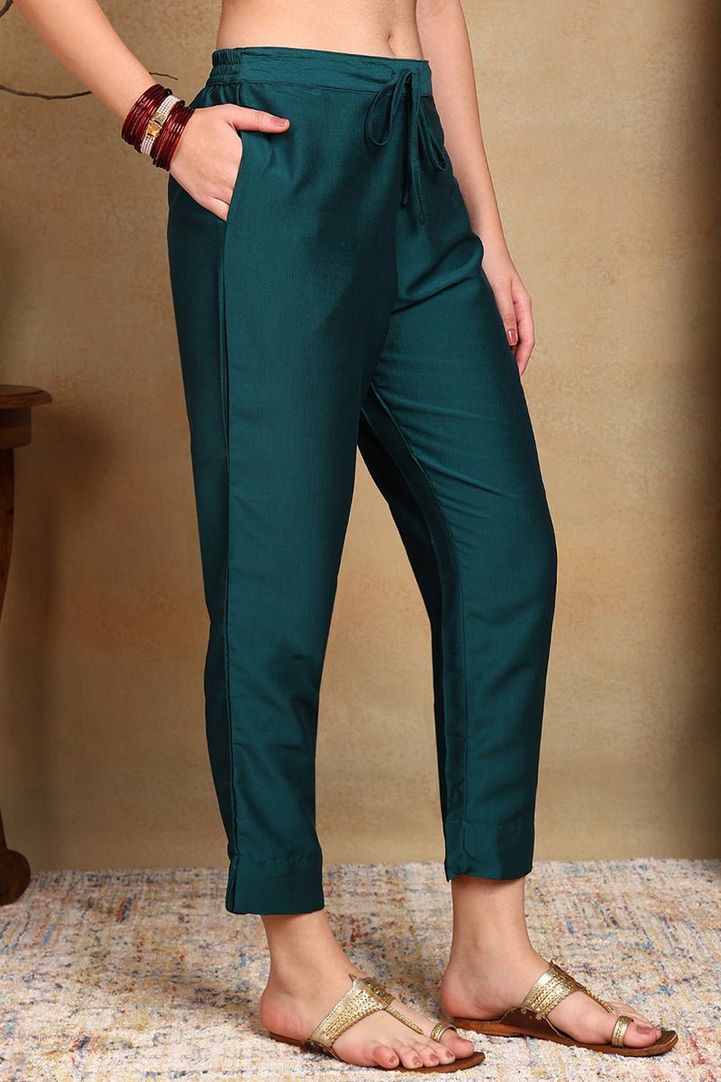 Ahika Green Silk Blend Rogan Work Straight Suit Set