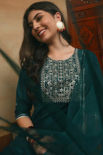 Thumbnail for Ahika Green Silk Blend Rogan Work Straight Suit Set