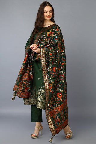 Ahika Green Silk Blend Ethnic Motifs Straight Suit Set - Distacart