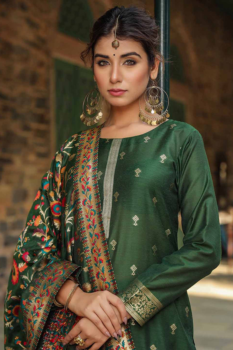 Ahika Green Silk Blend Ethnic Motifs Straight Suit Set PKSKD1953